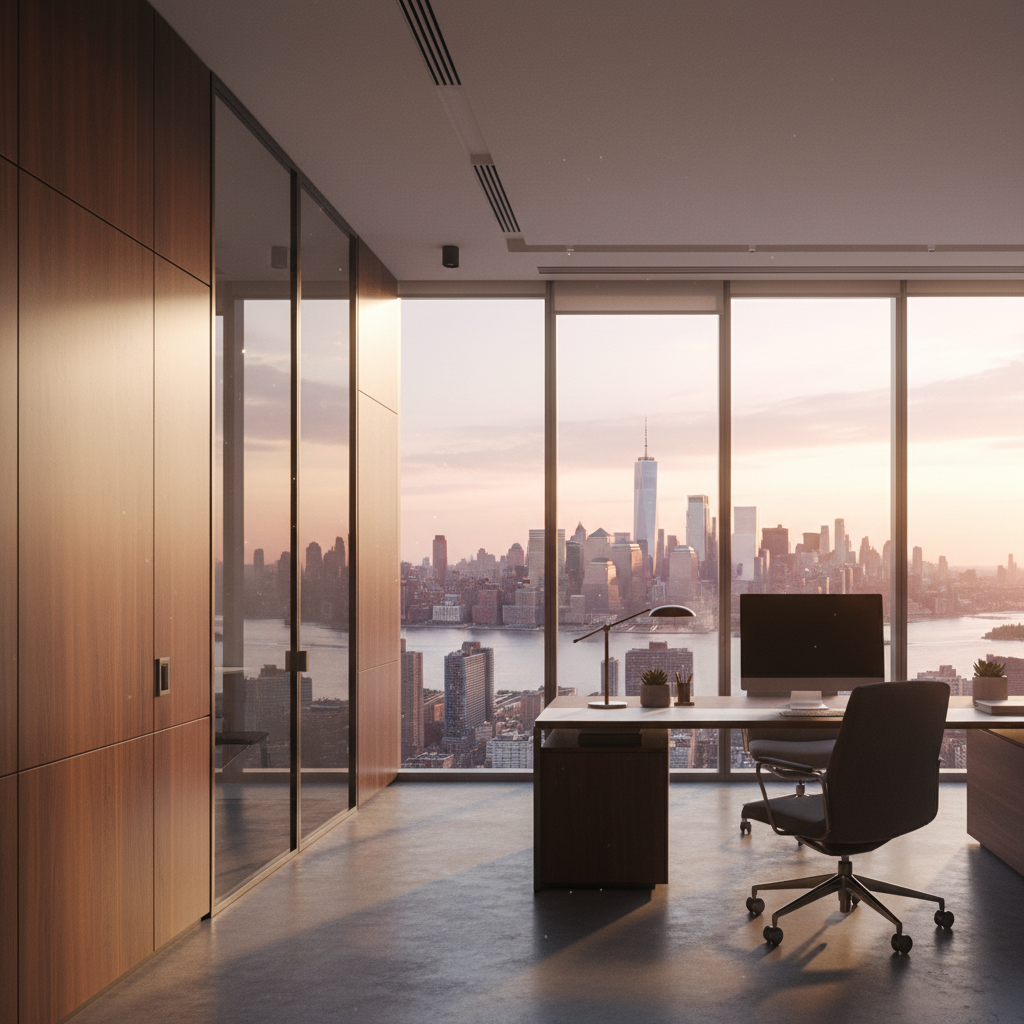 Professional New York office with Manhattan skyline and business district views