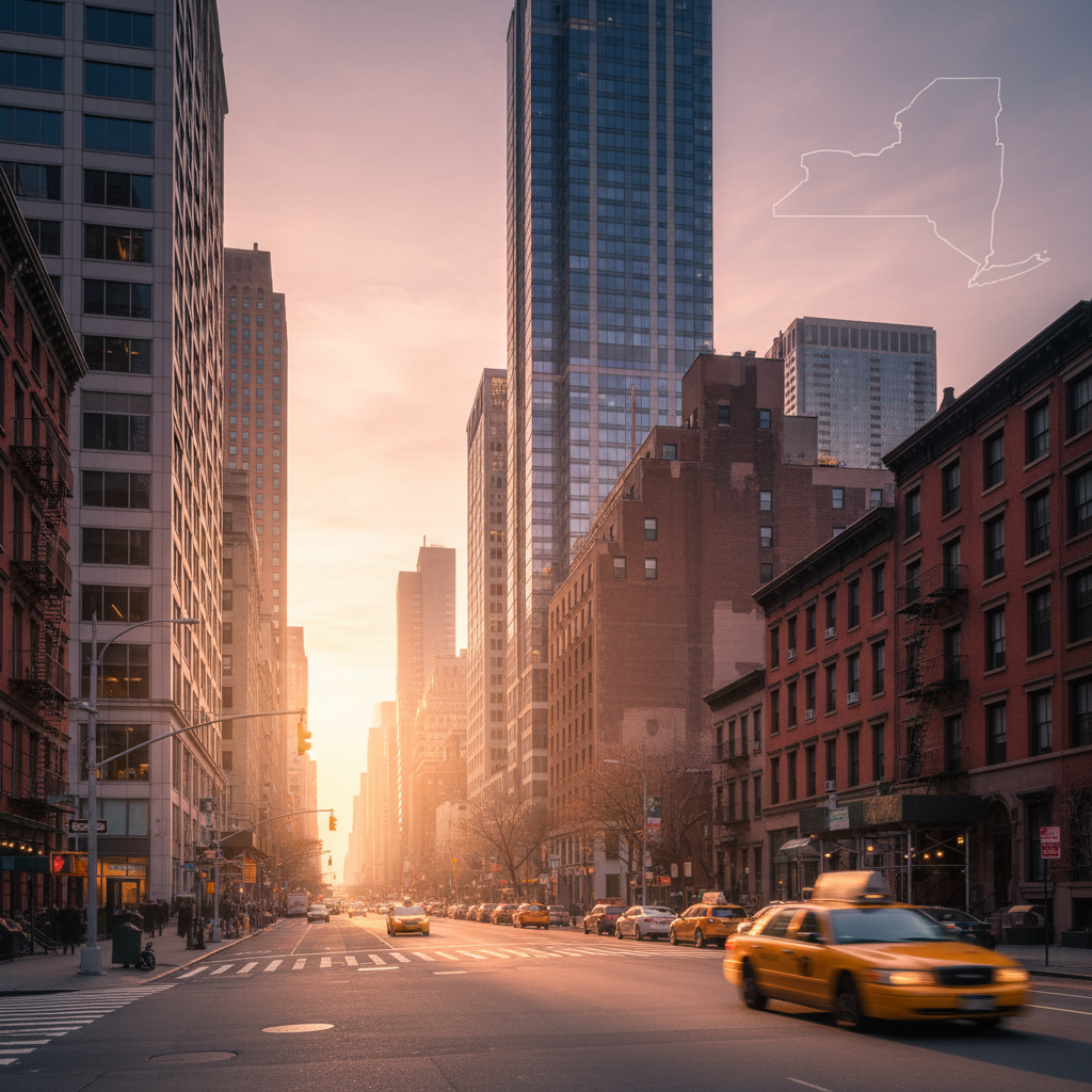 New York City street at sunset with Manhattan skyline and state outline, representing local New York business presence